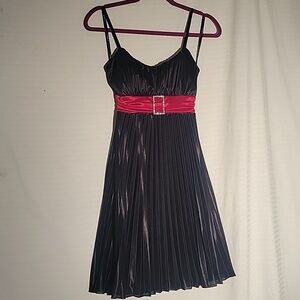 B Darlin Womens Black Pleated Dress w/Rhinestone Detail & Red Tie